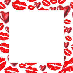lips and heart balloons in red color Valentine's day square frame with place for text watercolor illustration isolated on white background background for tableware design textile print
