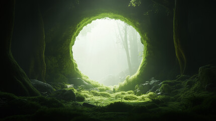 Fototapeta premium A vibrant, moss-covered opening in a mystical forest leads to a serene, illuminated path