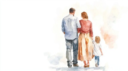Fototapeta premium National Shut-in Visitation Day Family bonding in watercolor art depicting a man, woman, and child walking together