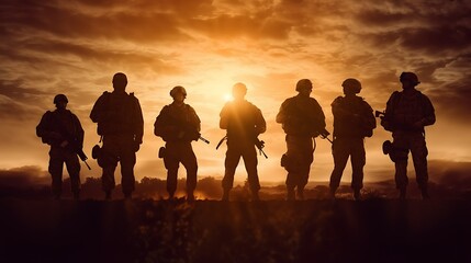 Silhouetted soldiers stand against a dramatic sunset.