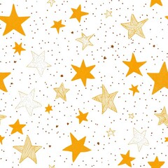 Seamless pattern of whimsical, golden stars on a white background, radiating celestial charm.