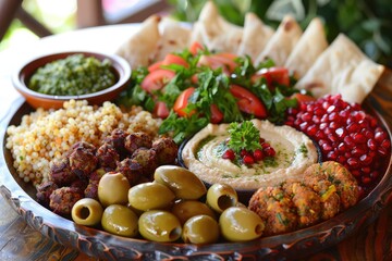 A Mediterranean mezze platter featuring hummus, tabbouleh, falafel, stuffed grape leaves, olives, and pita bread, accompanied by freshly squeezed pomegranate juice.