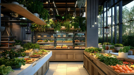 Modern Restaurant Interior with Fresh Produce and Greenery