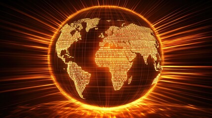 3D rendering of a glowing globe with binary data streams flowing across continents, representing the digital world