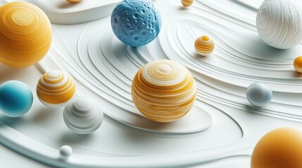 A 3D rendering of the solar system's planets with labeled orbits, set in a vibrant and scientifically accurate design.