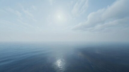 Obraz premium A serene view of the ocean unfolds beneath a gently overcast sky at midday, where soft sunlight glimmers on the peaceful waters