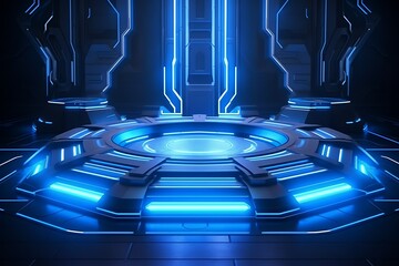 Futuristic blue neon lit circular platform in a dark metallic room.