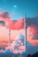 A grand mosque stands tall against a stunning sunset, showcasing intricate architecture