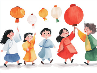 Children joyfully carrying lanterns during a vibrant cultural festival celebration