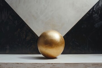 a minimalist installation featuring a solitary golden sphere against a backdrop of intersecting black and white solids.