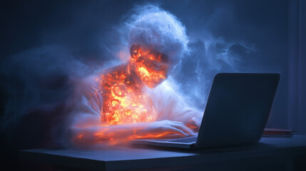 Individual engrossed in laptop work with an artistic display of fire and smoke effects