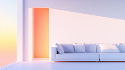 Spacious interior with a white couch and warm sunset light through a doorway