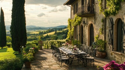 Stone house patio; scenic view, elegant table setting.