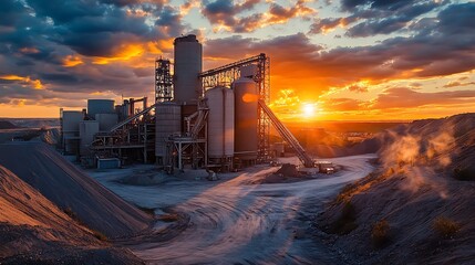 Dramatic sunset over industrial cement plant and quarry.