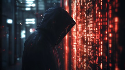 Hooded Figure Standing Before Glowing Red Code