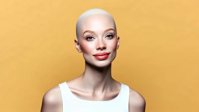 A woman with a shaved head is smiling and looking to the right. The image has a bright and cheerful mood, with the woman's smile and the yellow background creating a positive atmosphere