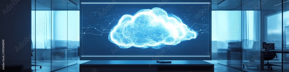 Poster glowing interactive cloud projection displayed on large screen in futuristic office