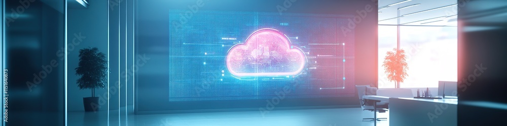 Poster glowing interactive cloud projection displayed on large screen in futuristic office