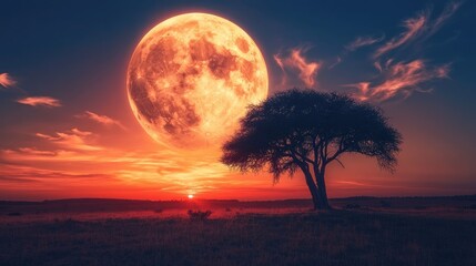 A breathtaking African savanna sunset, with an acacia tree silhouetted against a massive full moon rising in the vibrant sky