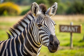 Naklejka premium Portrait of Zebra Near Grant Sign. A striking zebra in a grassy savannah with a 