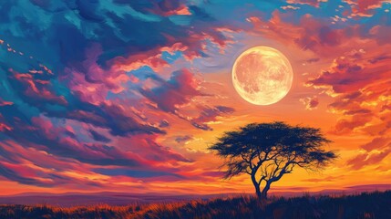 A breathtaking African savanna sunset, with an acacia tree silhouetted against a massive full moon rising in the vibrant sky