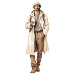 Bearded Man in Beige Coat Holds Coffee Cup