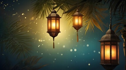Ornate lanterns hang among palm fronds glowing softly at night.