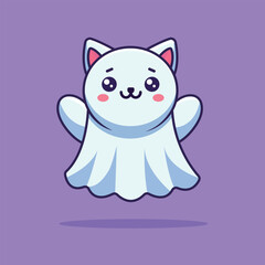 Cute Ghost Cat Cartoon Vector Icon Illustration. Animal Holiday Icon Concept Isolated Premium Vector. Flat Cartoon Style