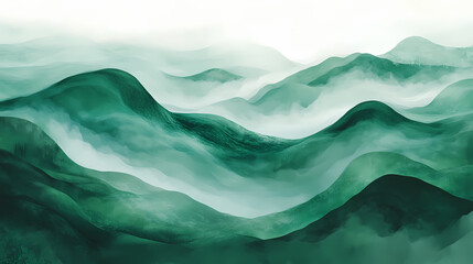 Obraz premium Rolling hills of emerald green grass on zephyr's gentle terrain, planet, water, clouds. Zephyrous. Illustration
