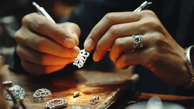 Jewelry handcrafting, with hands crafting intricate designs