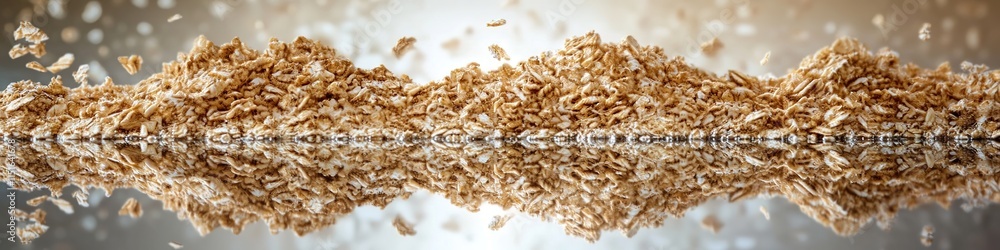 Poster visually striking arrangement of oats and granola forming dynamic waves on reflective surface under 