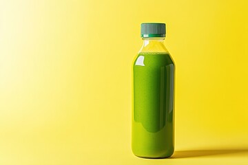 vibrant bottle of green juice displayed on pastel yellow background under bright natural light
