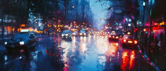 Fototapeta premium Vibrant Urban Street Scene at Night with Reflections on Wet Pavement