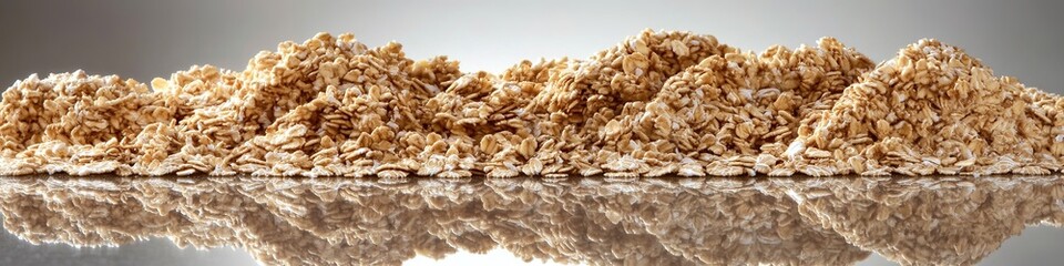 visually striking arrangement of oats and granola forming dynamic waves on reflective surface under diffused lighting