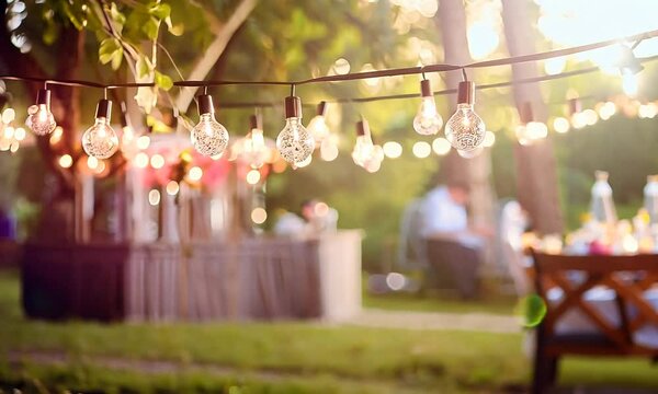 blurry garden party background decorated with fairy lights in summer