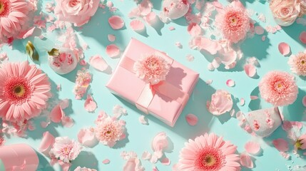 A cheerful celebration layout featuring pink gifts, flower bouquets, and scattered petals on a pastel background