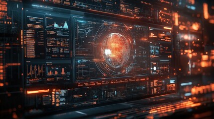 A dark control room with glowing holographic data spheres and advanced visuals, perfect for sci-fi or tech marketing.