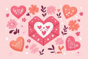 Valentine's Day background with heart-shaped cookies, envelope, flowers on pink backdrop. chocolate for greeting card template. 