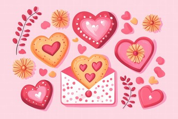 Valentine's Day background with heart-shaped cookies, envelope, flowers on pink backdrop. chocolate for greeting card template. 