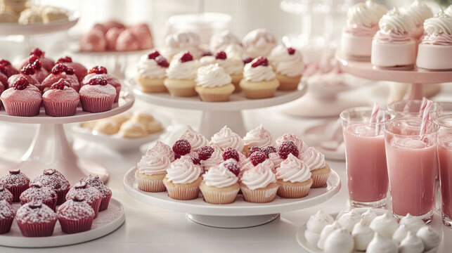 Delightful dessert table filled with cupcakes, sweets, and pink drinks