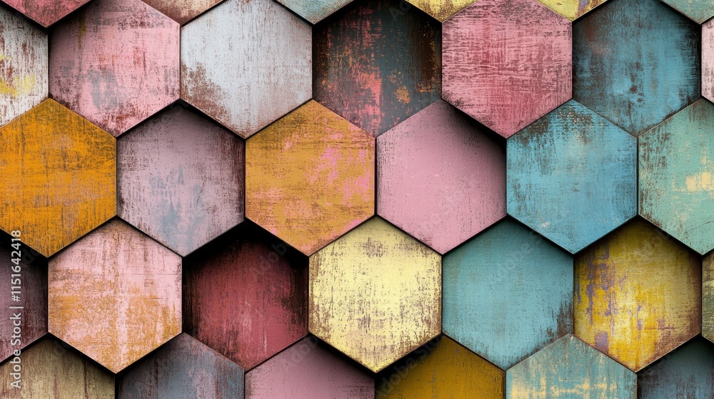 Poster colorful hexagonal wooden tiles with distressed texture and patterns