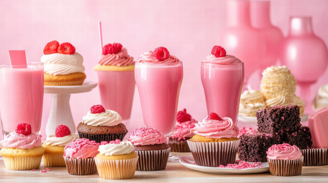 Delightful dessert table filled with pink sweets, cupcakes, and drinks