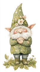 Naklejka premium A watercolor illustration of a garden gnome dressed in a leafy green outfit adorned with flowers, standing peacefully among plants with hands clasped in a serene pose