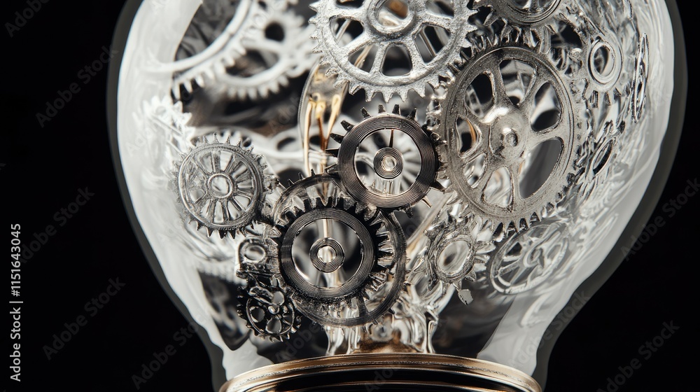 Poster a close-up of a light bulb with intricate gears inside, representing innovation and mechanical creat