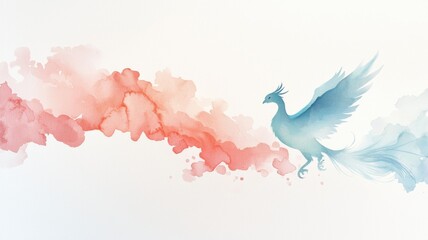 Fototapeta premium Watercolor illustration of a mythical bird soaring with colorful clouds.