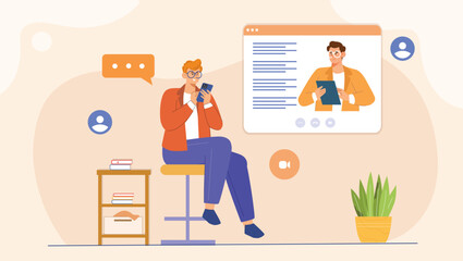 An illustration depicting an online chat and video collaboration scene, featuring multiple participants engaged in a video call with a split-screen layout