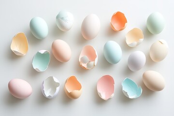 creative flat lay of broken pastel eggshells arranged in mosaic pattern on clean white surface