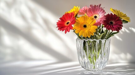 Fototapeta premium decorative crystal vase filled with vibrant spring flowers displayed on smooth white surface under soft natural light