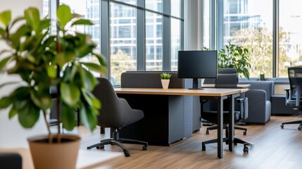 Modern office space with desks and plants.