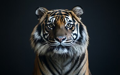 Fototapeta premium Majestic Malayan tiger portrait against dark background.